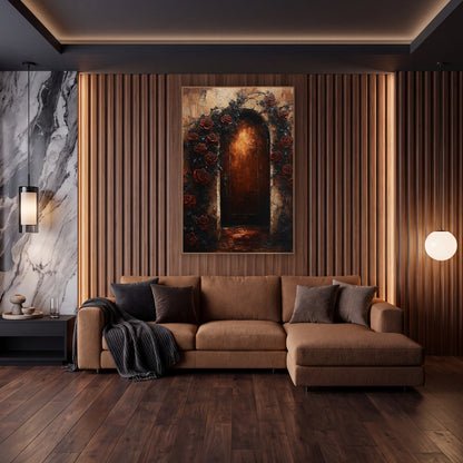 Dark Rose Arched Doorway Gothic wall art in an elegant modern room – arched wooden door glowing amber, framed by deep