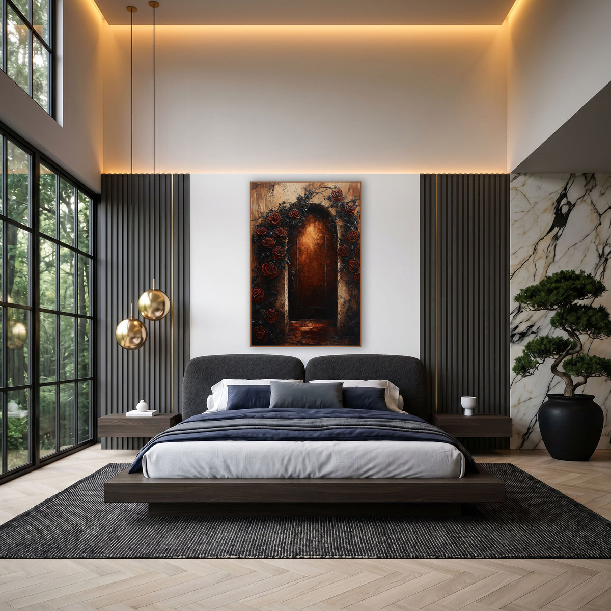 Dark Rose Arched Doorway Gothic wall art in an elegant modern room – arched wooden door glowing amber, framed by deep