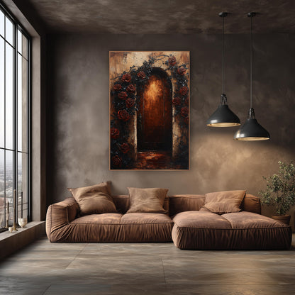 Dark Rose Arched Doorway Gothic wall art in an elegant modern room – arched wooden door glowing amber, framed by deep