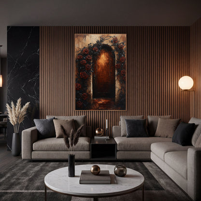 Dark Rose Arched Doorway Gothic wall art in an elegant modern room – arched wooden door glowing amber, framed by deep