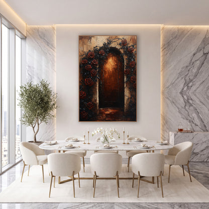 Dark Rose Arched Doorway Gothic wall art in an elegant modern room – arched wooden door glowing amber, framed by deep