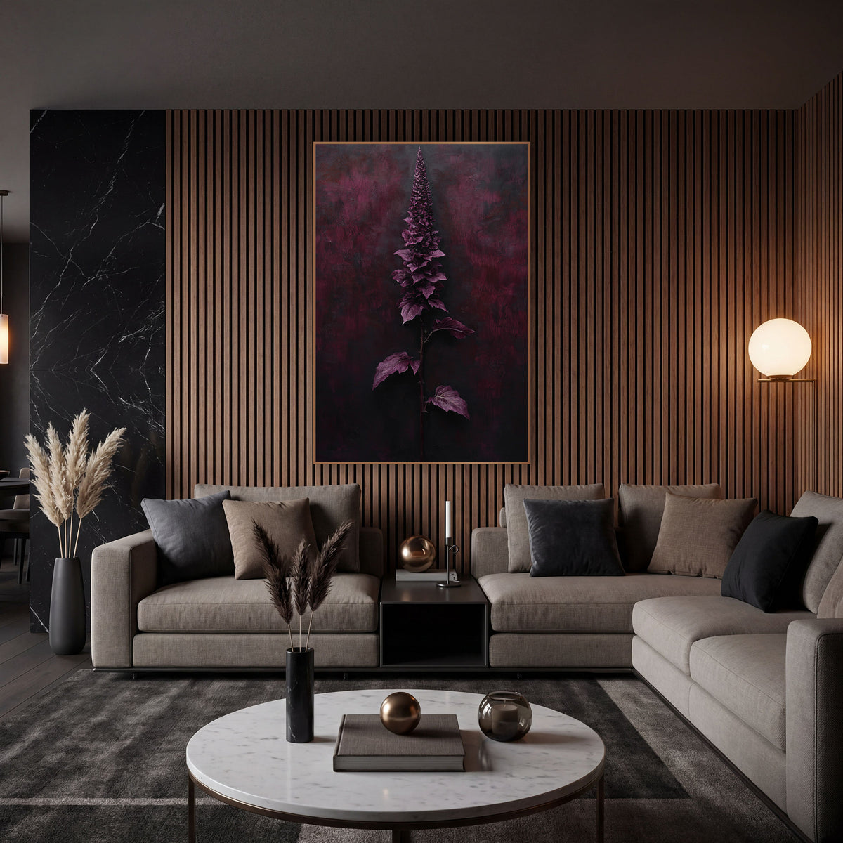 Garnet Spike Pairs of Leaves Botanical wall art in an elegant modern room – tall garnet-purple flower spike