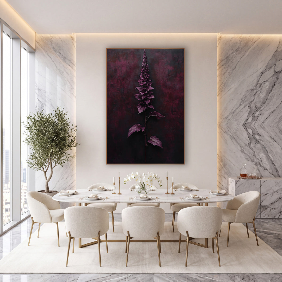 Garnet Spike Pairs of Leaves Botanical wall art in an elegant modern room – tall garnet-purple flower spike