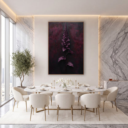 Garnet Spike Pairs of Leaves Botanical wall art in an elegant modern room – tall garnet-purple flower spike