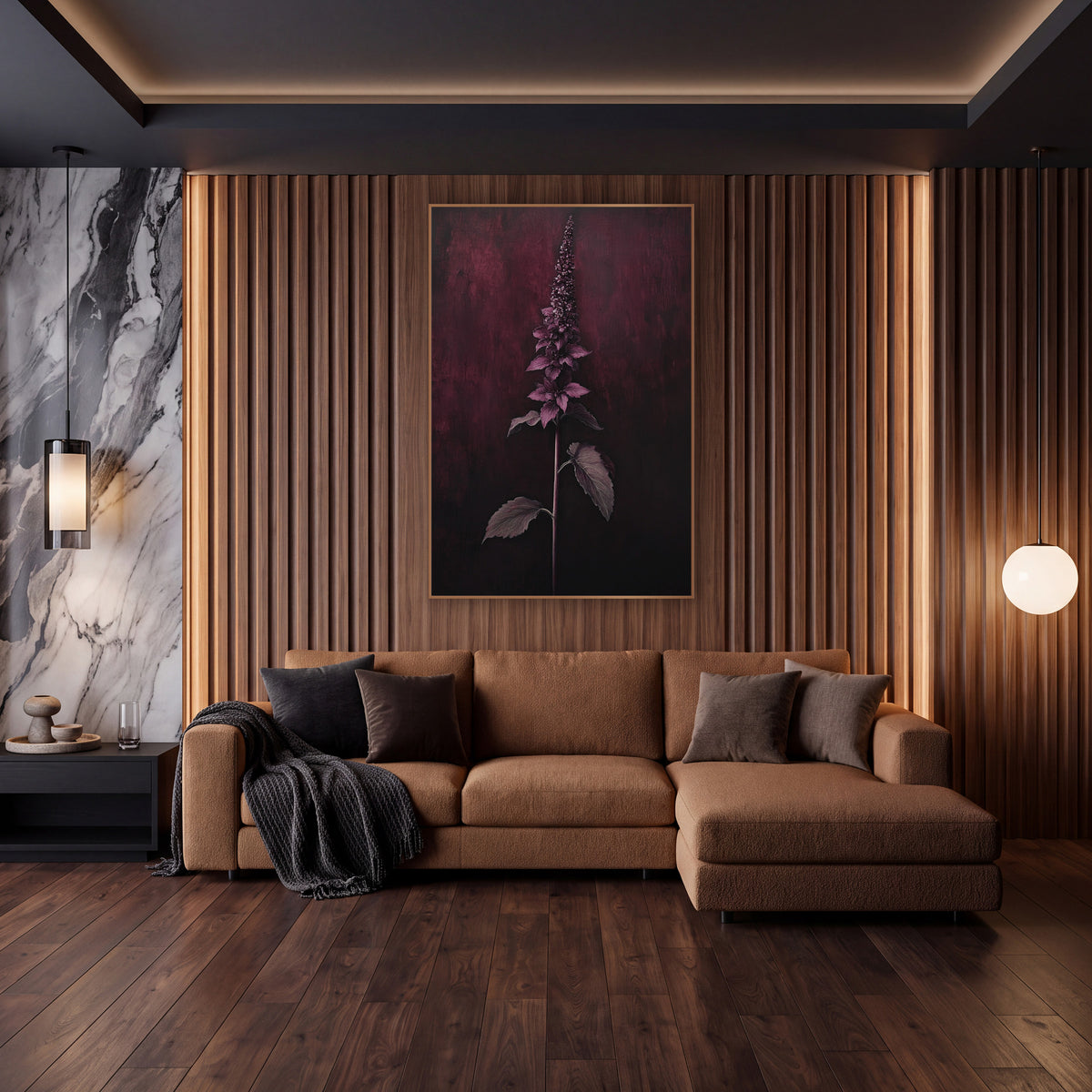 Garnet Spike Mahogany Vertical Botanical wall art in an elegant modern room – tall flower spike with pink-mauve leaves