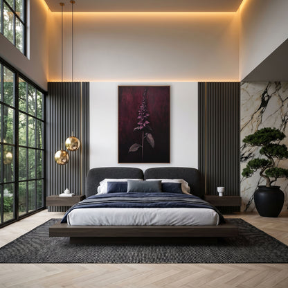 Garnet Spike Mahogany Vertical Botanical wall art in an elegant modern room – tall flower spike with pink-mauve leaves