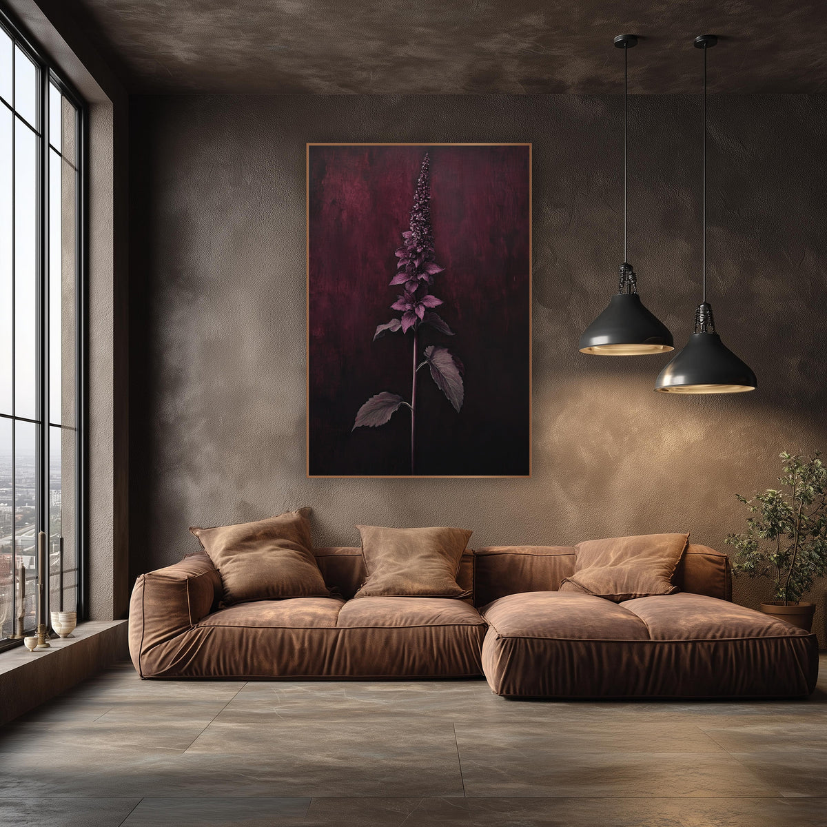 Garnet Spike Mahogany Vertical Botanical wall art in an elegant modern room – tall flower spike with pink-mauve leaves