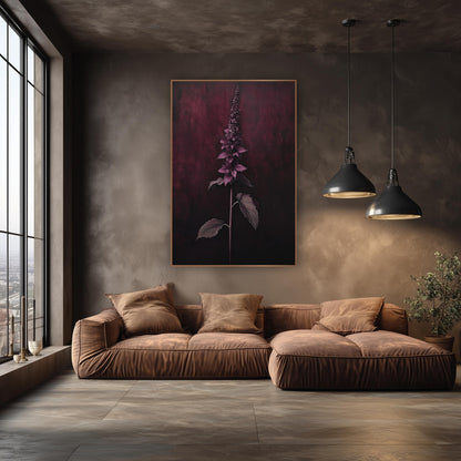Garnet Spike Mahogany Vertical Botanical wall art in an elegant modern room – tall flower spike with pink-mauve leaves