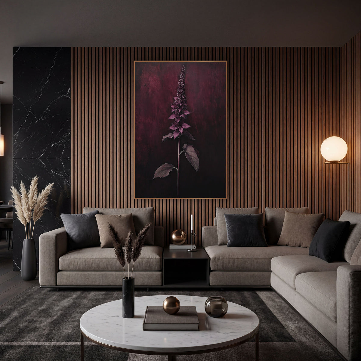 Garnet Spike Mahogany Vertical Botanical wall art in an elegant modern room – tall flower spike with pink-mauve leaves