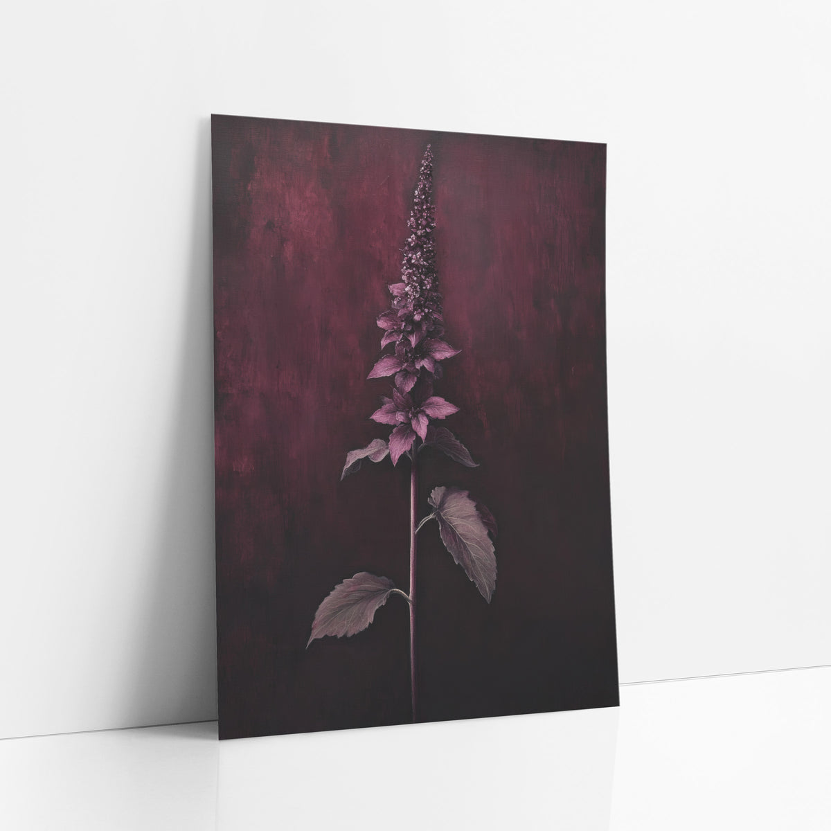 Garnet Spike Mahogany Vertical Botanical art print leaning against a white wall – tall flower spike with pink-mauve leaves