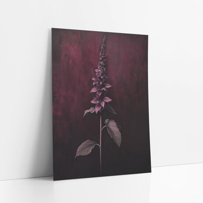 Garnet Spike Mahogany Vertical Botanical art print leaning against a white wall – tall flower spike with pink-mauve leaves