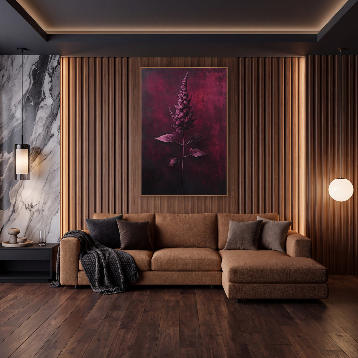 Garnet Astilbe Plume Botanical wall art in an elegant modern room – single pink-lilac astilbe plume on a thin stem