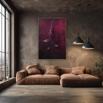 Garnet Astilbe Plume Botanical wall art in an elegant modern room – single pink-lilac astilbe plume on a thin stem