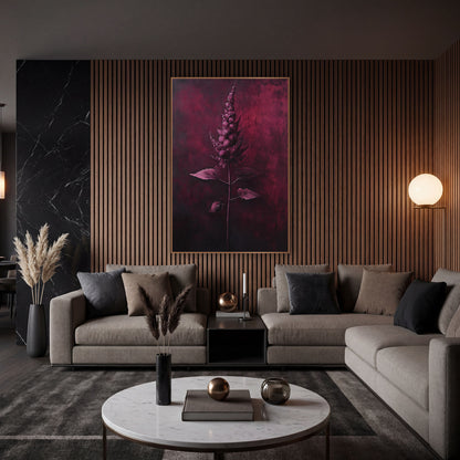 Garnet Astilbe Plume Botanical wall art in an elegant modern room – single pink-lilac astilbe plume on a thin stem