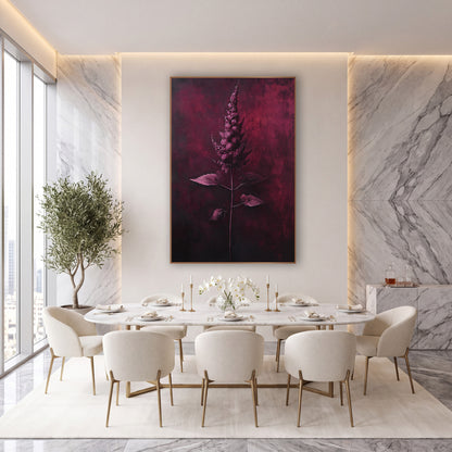 Garnet Astilbe Plume Botanical wall art in an elegant modern room – single pink-lilac astilbe plume on a thin stem