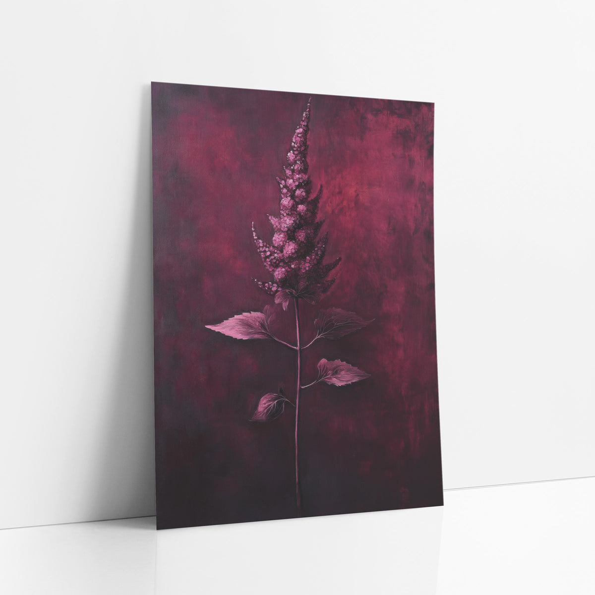 Garnet Astilbe Plume Botanical art print leaning against a white wall – single pink-lilac astilbe plume on a thin stem