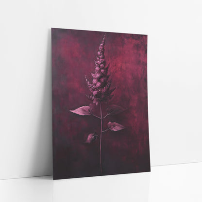 Garnet Astilbe Plume Botanical art print leaning against a white wall – single pink-lilac astilbe plume on a thin stem