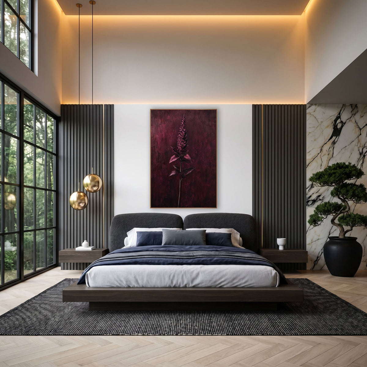 Raspberry Blossom Spire Moody Botanical wall art in an elegant modern room – tall garnet flower spike with serrated