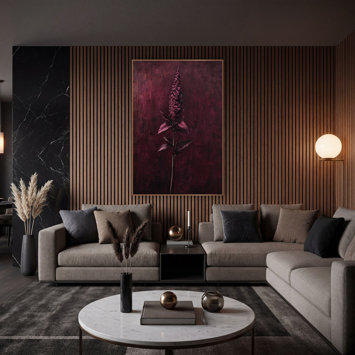Raspberry Blossom Spire Moody Botanical wall art in an elegant modern room – tall garnet flower spike with serrated