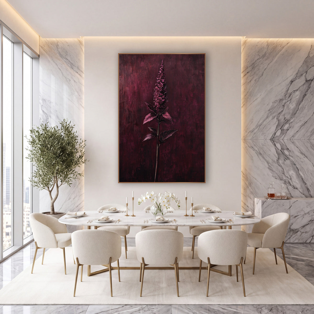 Raspberry Blossom Spire Moody Botanical wall art in an elegant modern room – tall garnet flower spike with serrated