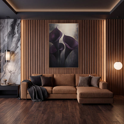 Violet Calla Spotlight Trio Moody wall art in an elegant modern room – three dark purple calla lilies with curled tips