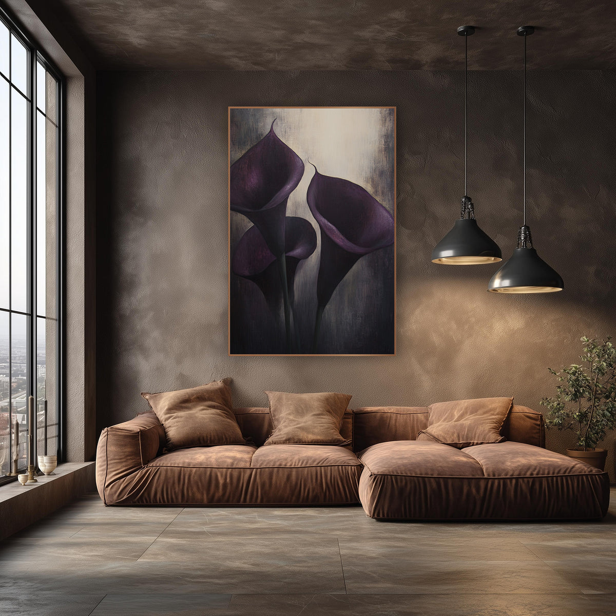 Violet Calla Spotlight Trio Moody wall art in an elegant modern room – three dark purple calla lilies with curled tips