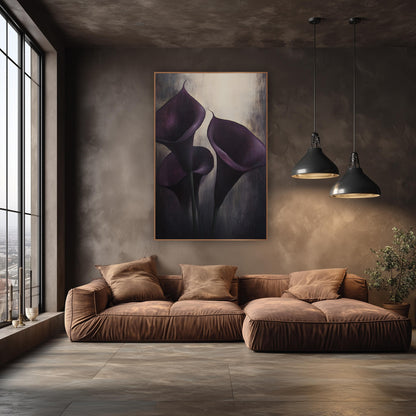 Violet Calla Spotlight Trio Moody wall art in an elegant modern room – three dark purple calla lilies with curled tips