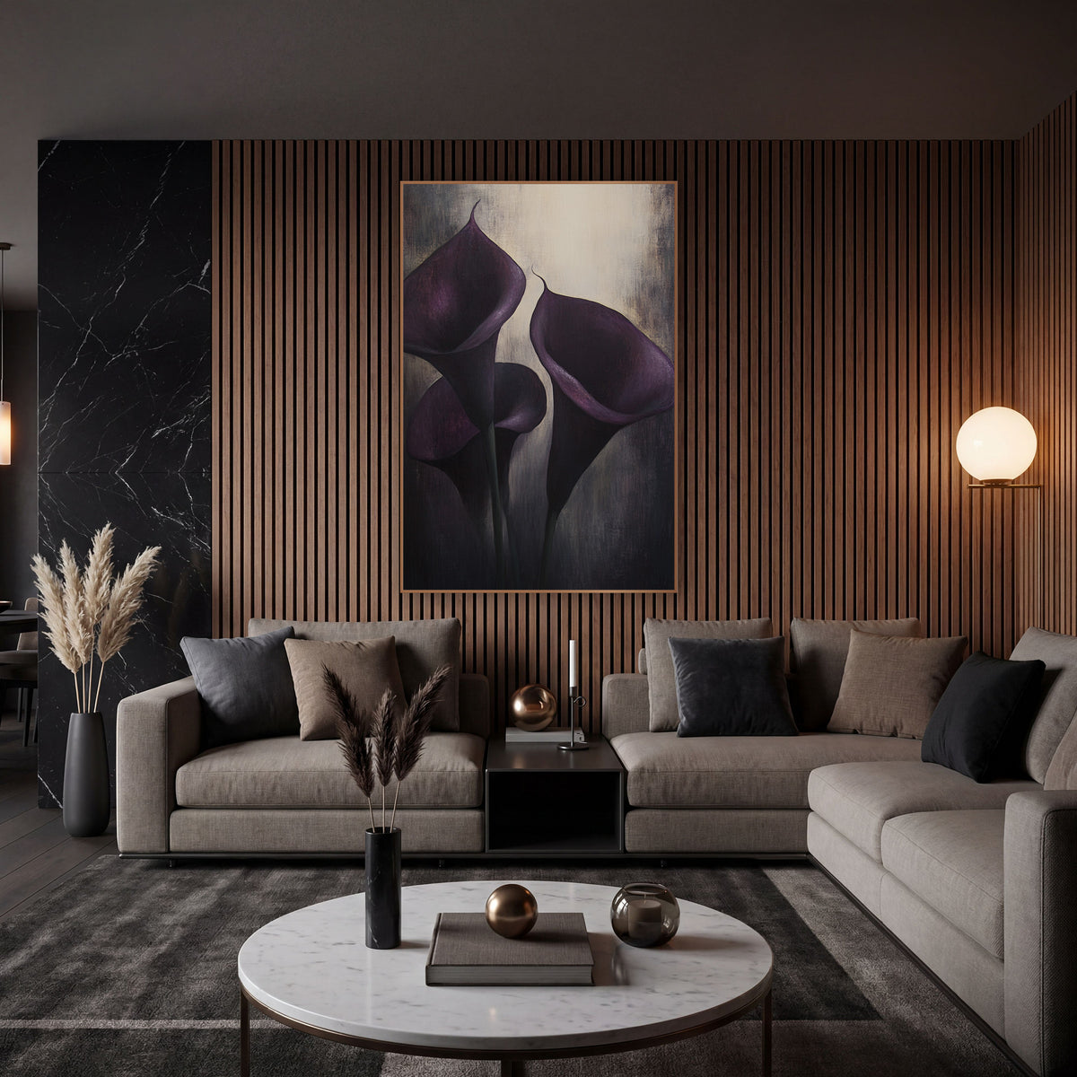 Violet Calla Spotlight Trio Moody wall art in an elegant modern room – three dark purple calla lilies with curled tips