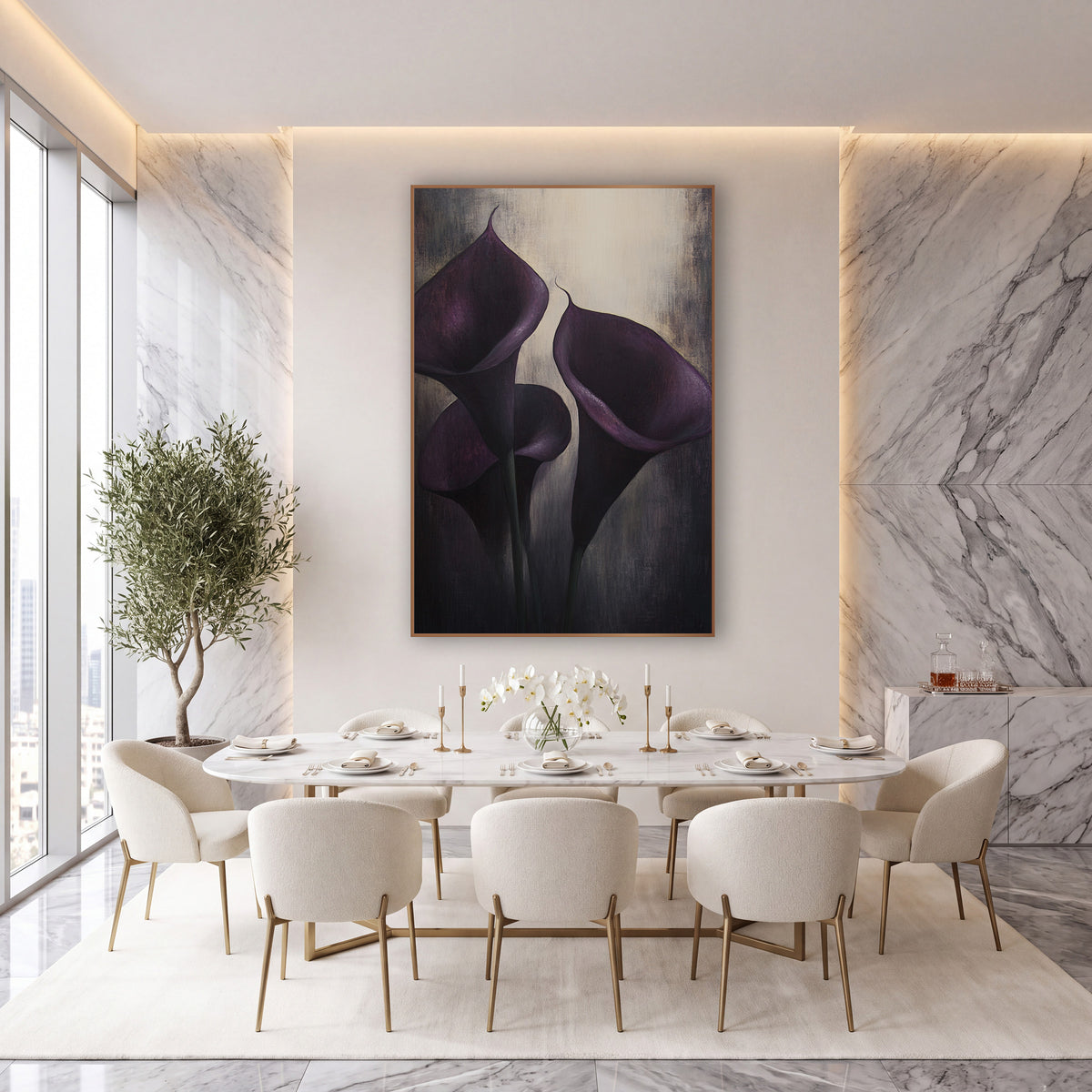Violet Calla Spotlight Trio Moody wall art in an elegant modern room – three dark purple calla lilies with curled tips
