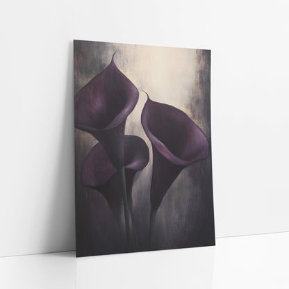 Violet Calla Spotlight Trio Moody art print leaning against a white wall – three dark purple calla lilies with curled tips