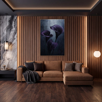 Aubergine Calla Lily Moody Botanical wall art in an elegant modern room – three aubergine calla lilies with curled
