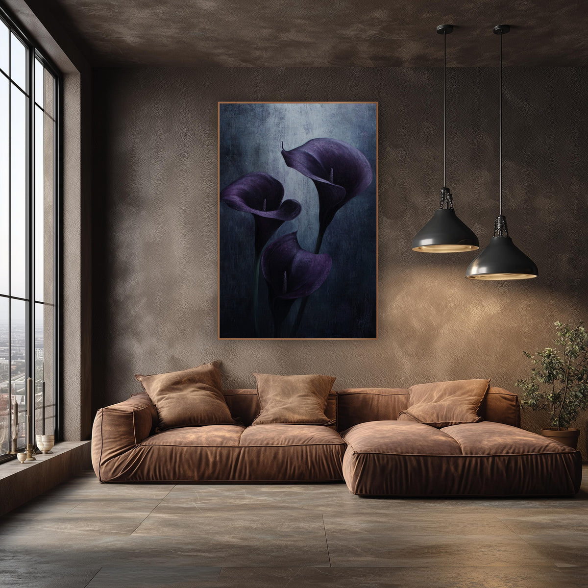 Aubergine Calla Lily Moody Botanical wall art in an elegant modern room – three aubergine calla lilies with curled