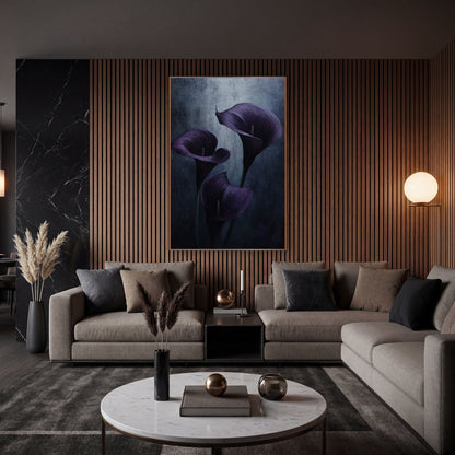 Aubergine Calla Lily Moody Botanical wall art in an elegant modern room – three aubergine calla lilies with curled