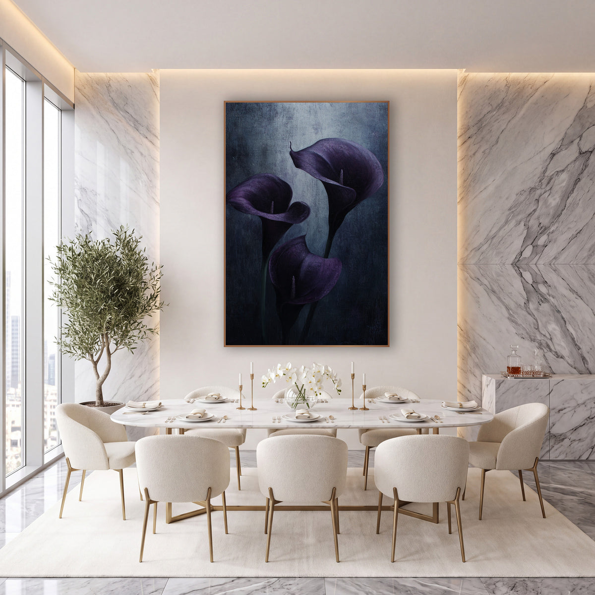 Aubergine Calla Lily Moody Botanical wall art in an elegant modern room – three aubergine calla lilies with curled