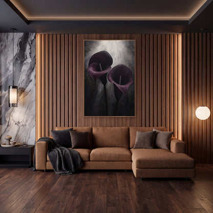 Purple Calla Lilies Moody Floral wall art in an elegant modern room – two aubergine calla lilies with pale spadix lean