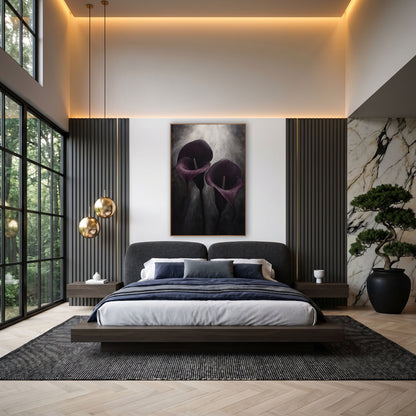 Purple Calla Lilies Moody Floral wall art in an elegant modern room – two aubergine calla lilies with pale spadix lean