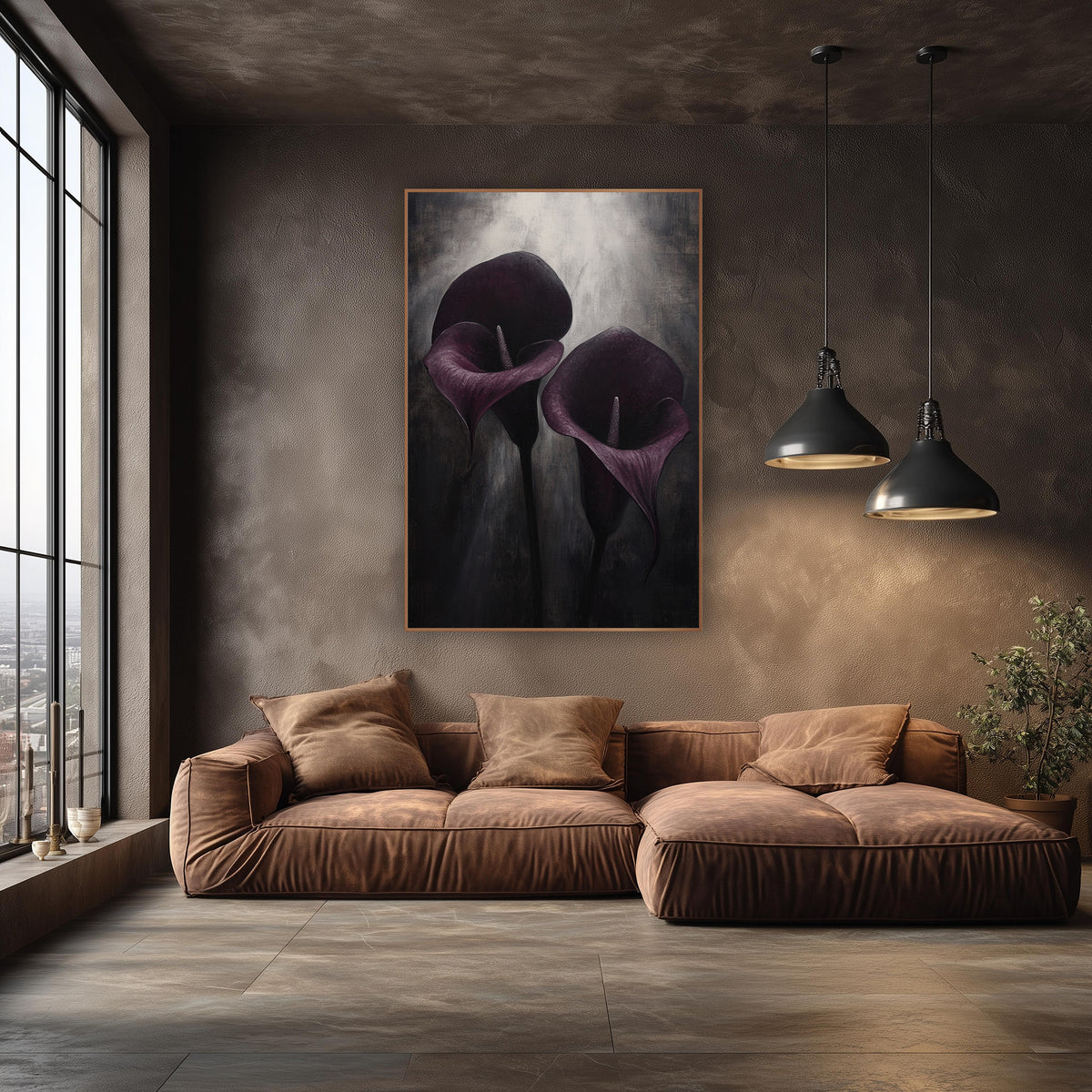 Purple Calla Lilies Moody Floral wall art in an elegant modern room – two aubergine calla lilies with pale spadix lean