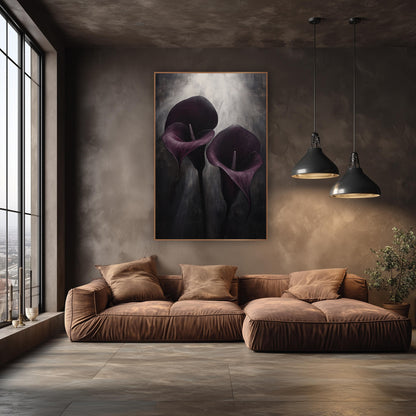 Purple Calla Lilies Moody Floral wall art in an elegant modern room – two aubergine calla lilies with pale spadix lean