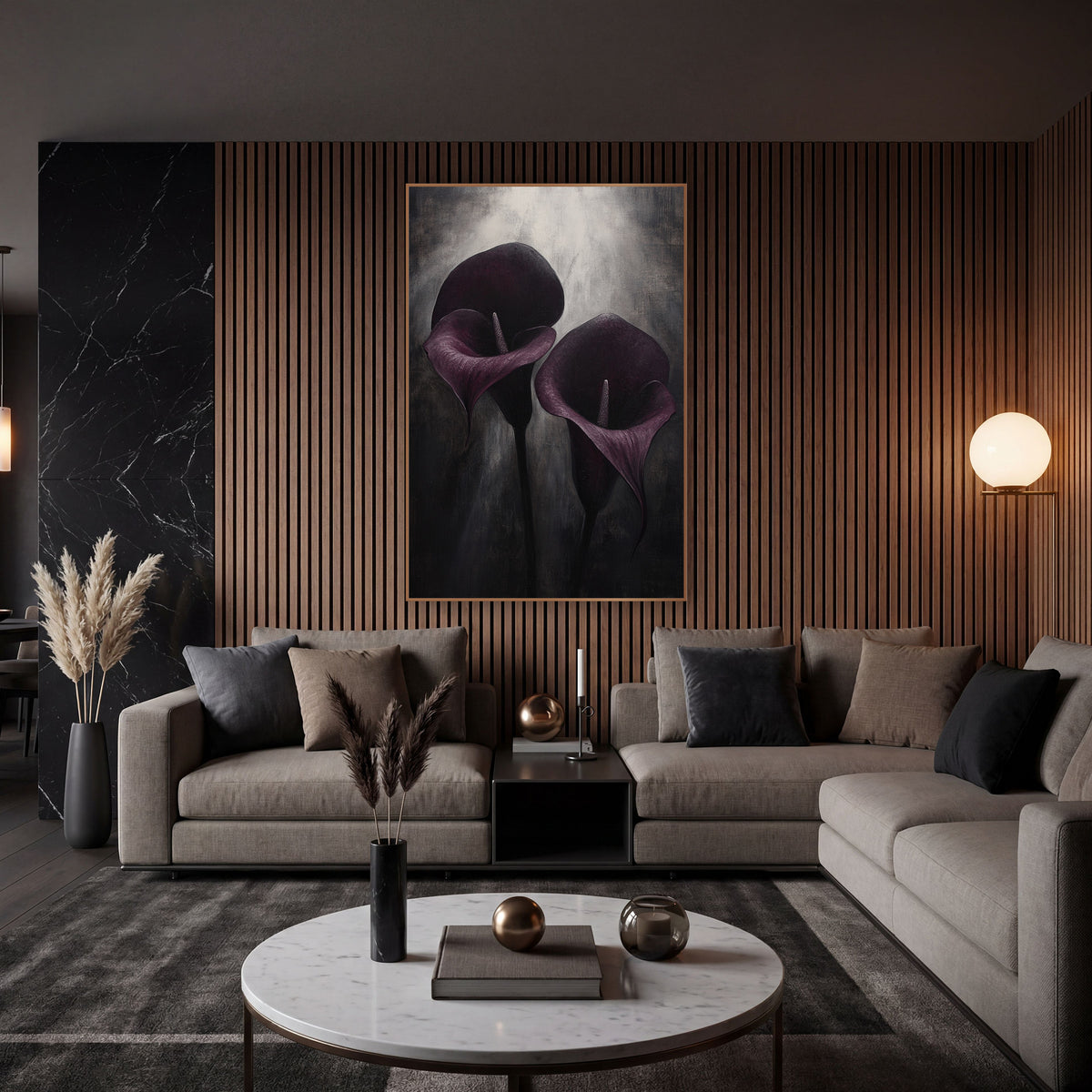 Purple Calla Lilies Moody Floral wall art in an elegant modern room – two aubergine calla lilies with pale spadix lean