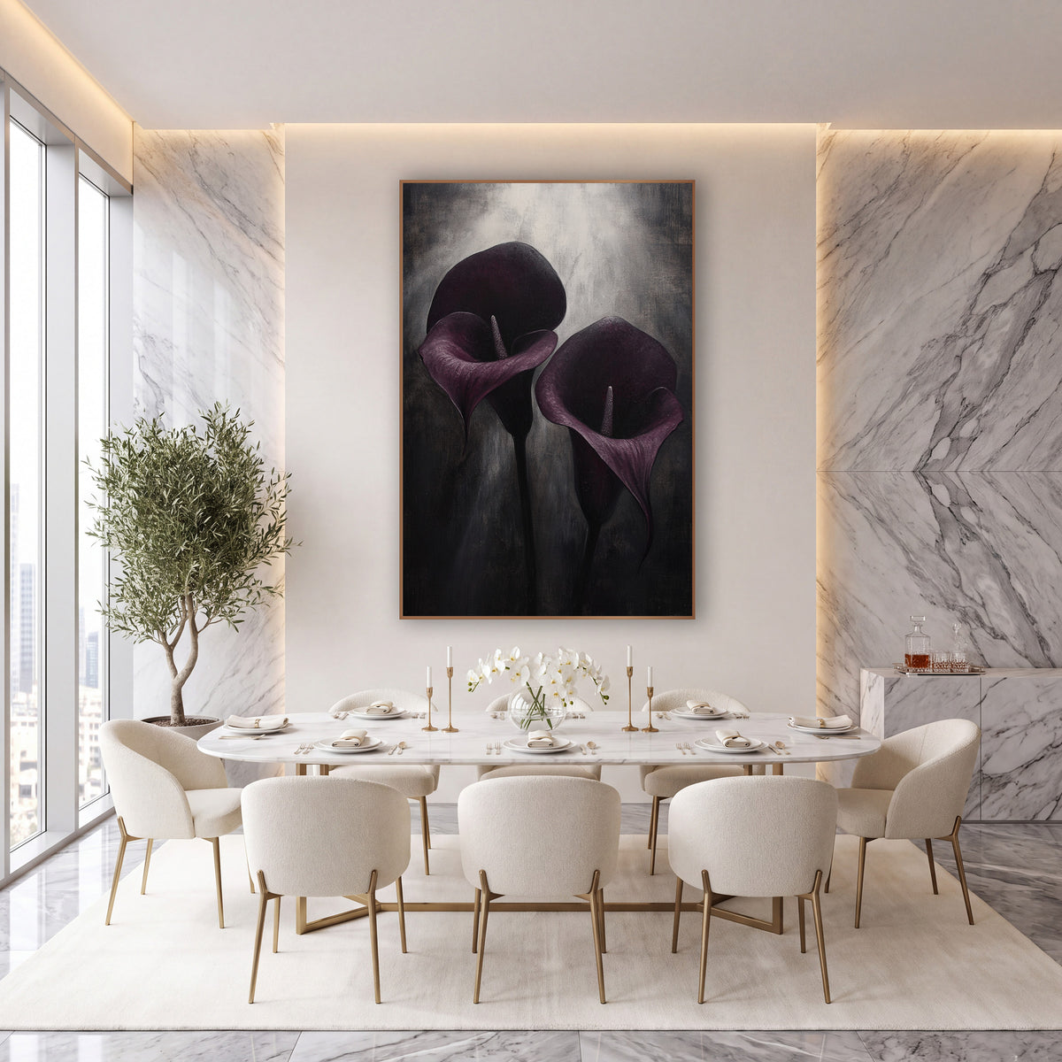 Purple Calla Lilies Moody Floral wall art in an elegant modern room – two aubergine calla lilies with pale spadix lean