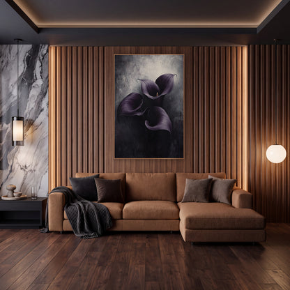 Violet Callas Overhead View Dripping wall art in an elegant modern room – three aubergine purple calla lilies