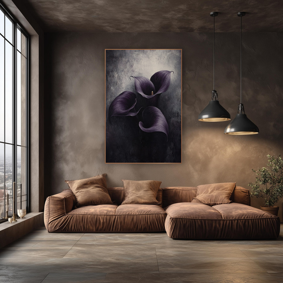 Violet Callas Overhead View Dripping wall art in an elegant modern room – three aubergine purple calla lilies