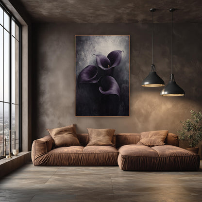 Violet Callas Overhead View Dripping wall art in an elegant modern room – three aubergine purple calla lilies