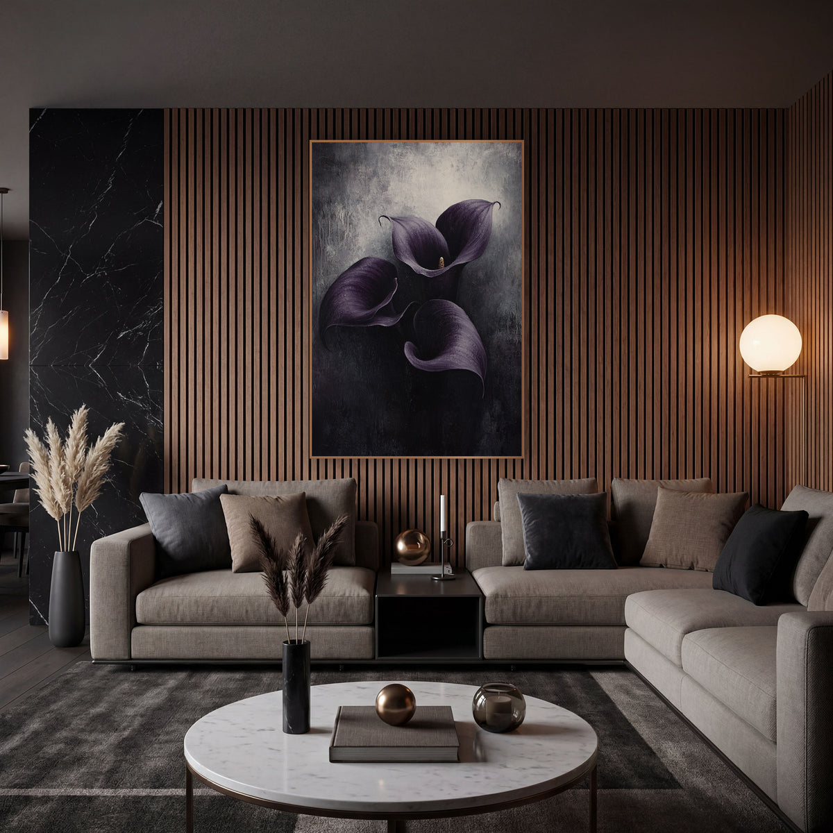 Violet Callas Overhead View Dripping wall art in an elegant modern room – three aubergine purple calla lilies