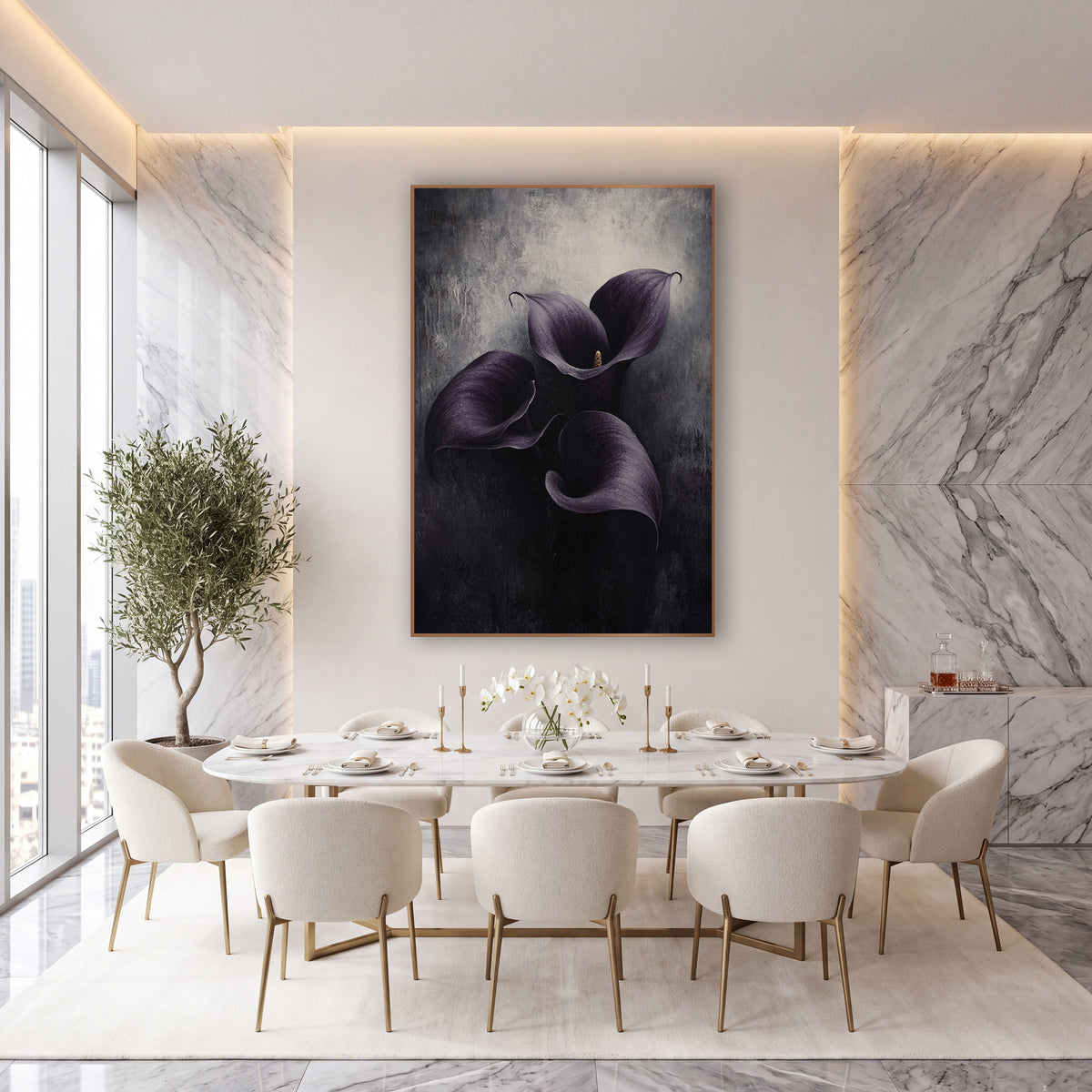 Violet Callas Overhead View Dripping wall art in an elegant modern room – three aubergine purple calla lilies