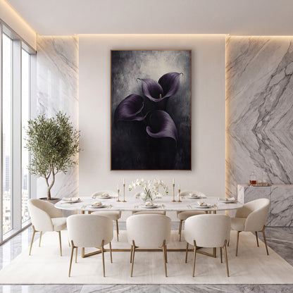 Violet Callas Overhead View Dripping wall art in an elegant modern room – three aubergine purple calla lilies