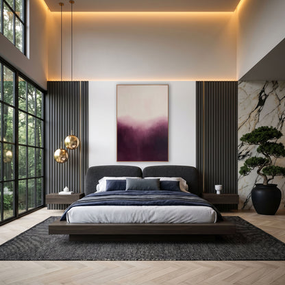Aubergine Rose Valley Abstract wall art in an elegant modern room – abstract artwork with deep aubergine at the bottom