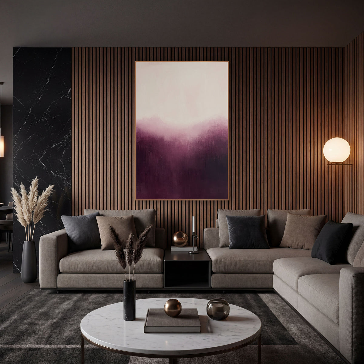 Aubergine Rose Valley Abstract wall art in an elegant modern room – abstract artwork with deep aubergine at the bottom