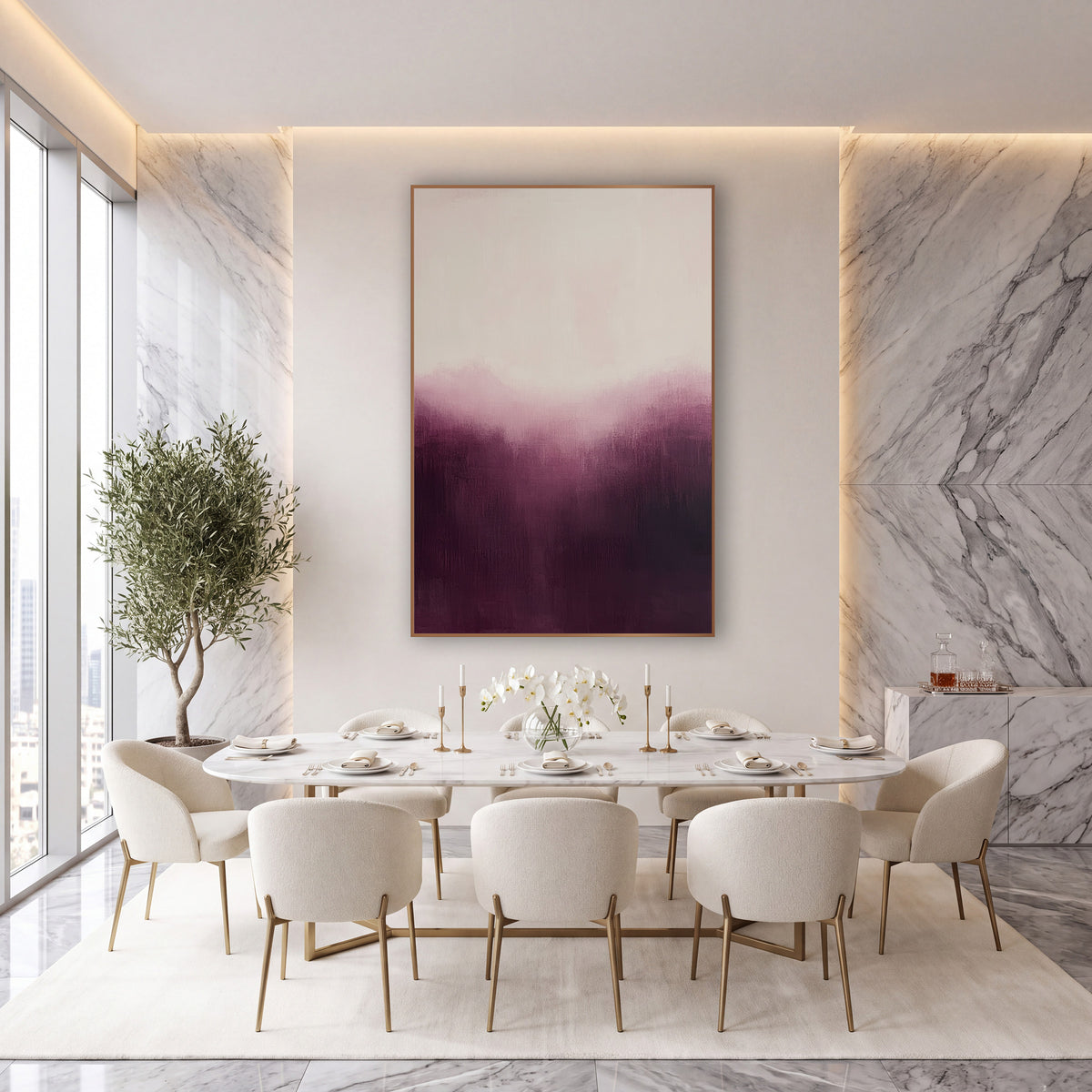 Aubergine Rose Valley Abstract wall art in an elegant modern room – abstract artwork with deep aubergine at the bottom
