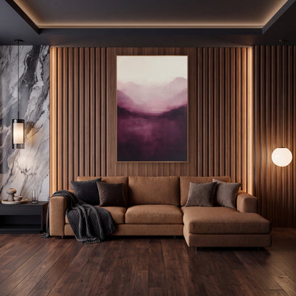 Aubergine Misty Mountains Abstract Landscape wall art in an elegant modern room – abstract misty mountain landscape
